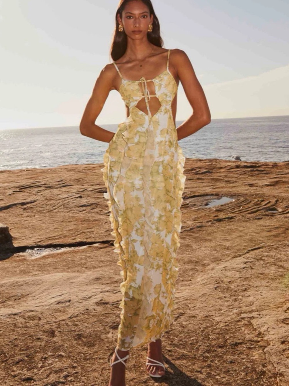 $99 Peppermayo Ruffle Maxi Lace Dress Open Back Size S NWT